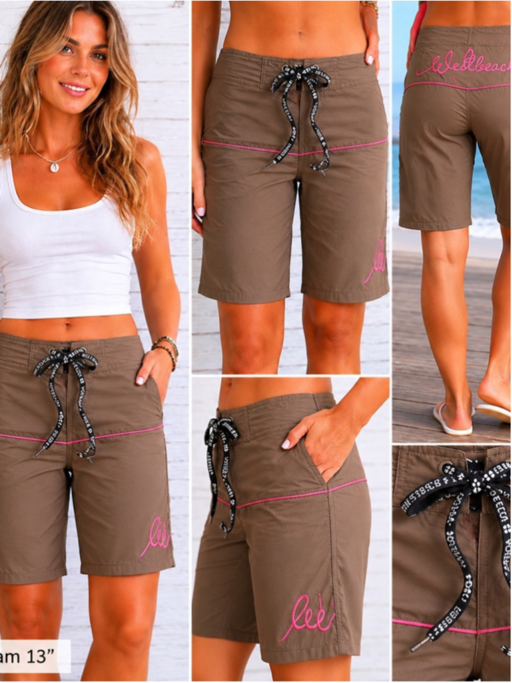 Westbeach Olive Brown Drawstring Swim Shorts with Pink Trim Size 9 Beach Surf